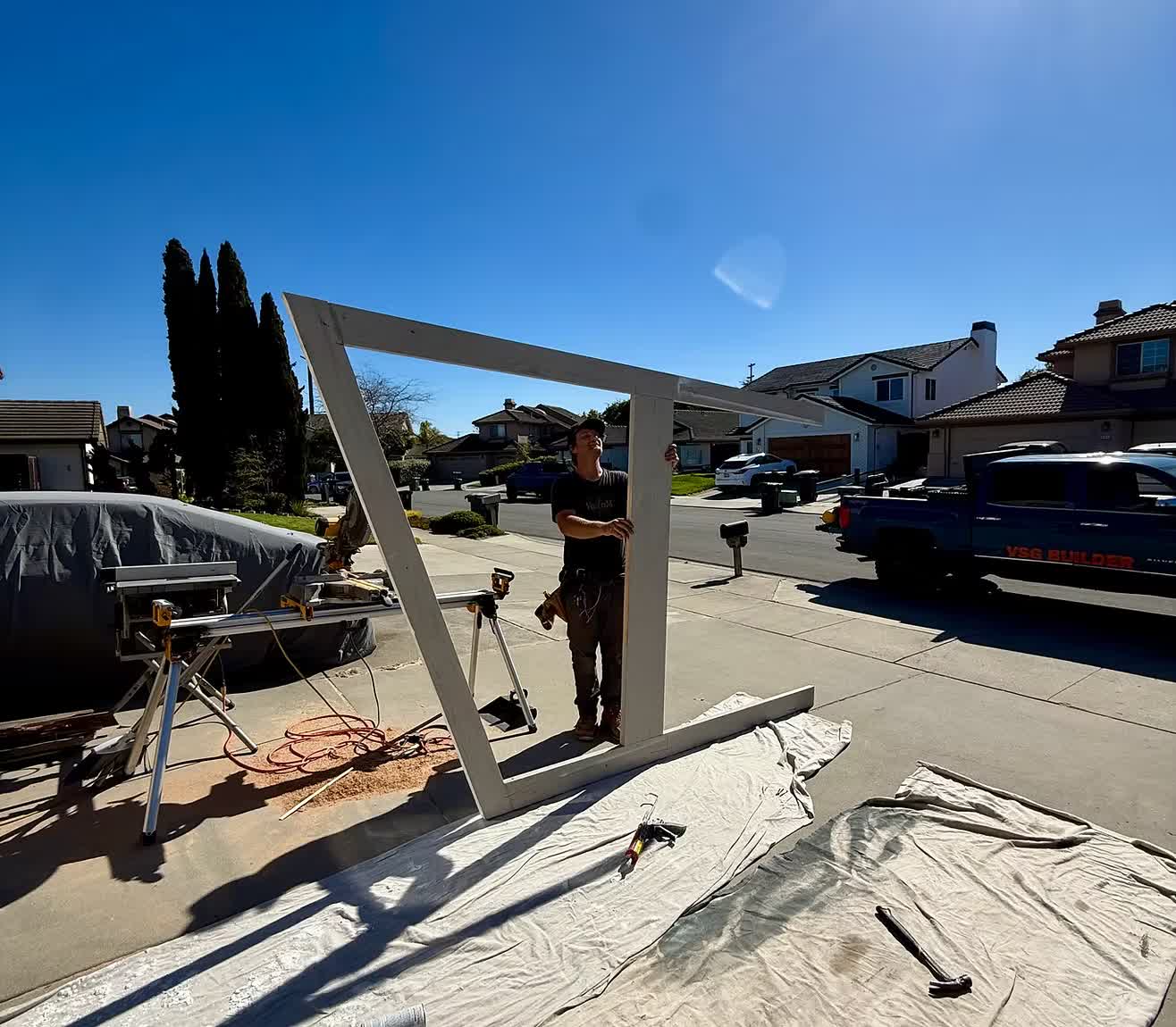 VSG Builder owner Victor building a wood frame structure on a job site in Santa Cruz County